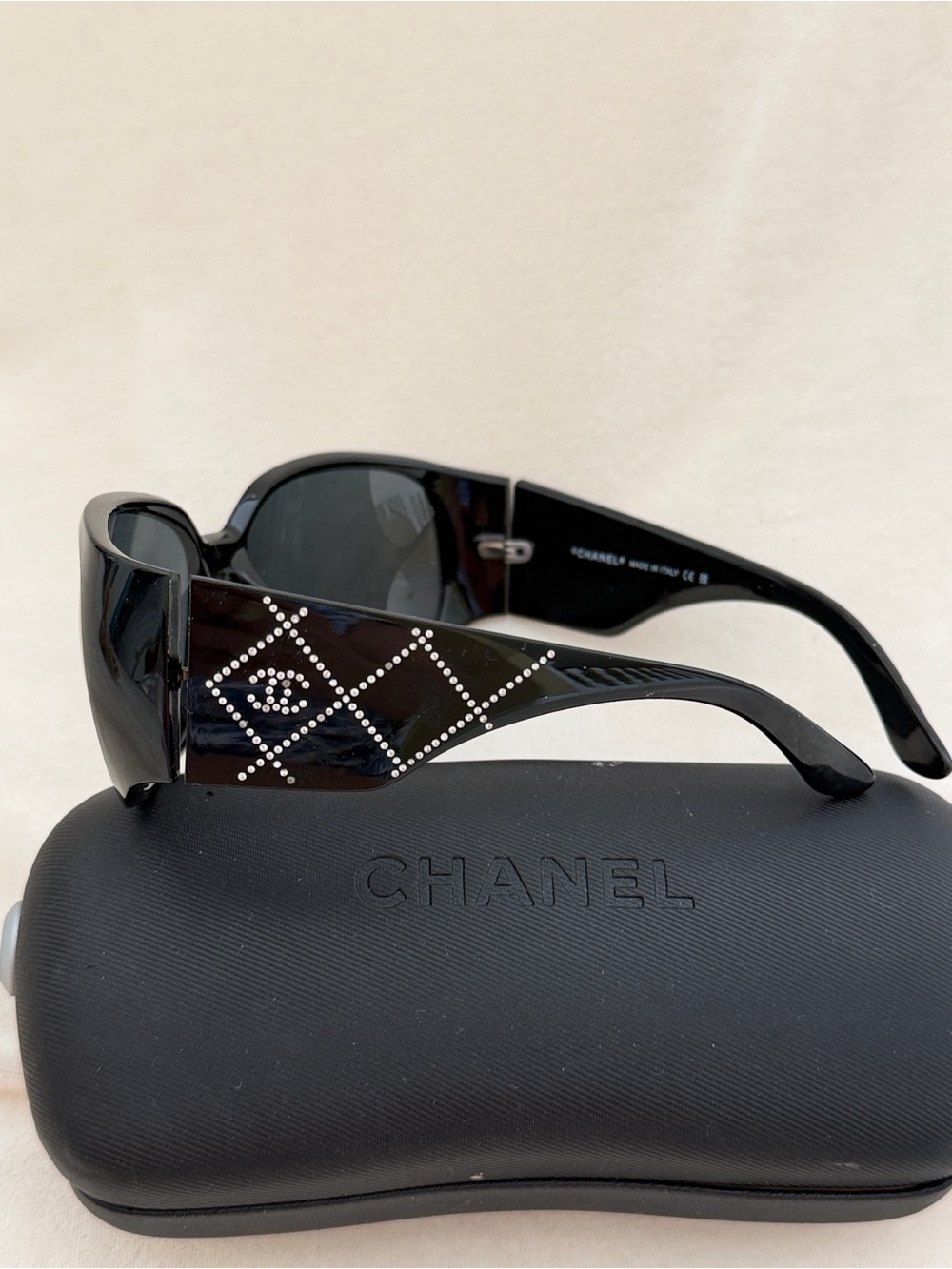 CHANEL Black Shield Sunglasses with Crystal Logo Detail - Picture 8 of 9